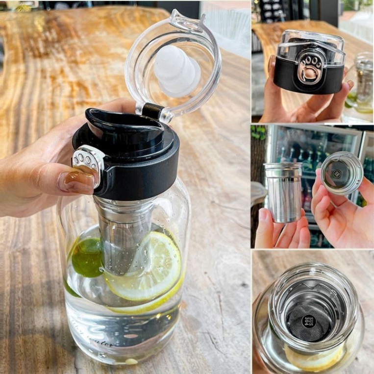 Bình Nước Thể Thao 1000ML, Thủy Tinh Borosilicate Chịu Nhiệt có Lõi Lọc Trà Inox 304 kèm Túi đựng Quai Xách
