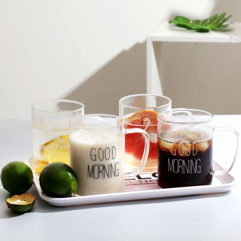 Cốc Good Moring Thủy Tinh Borosilicate Siêu Nhẹ Chịu Nhiệt có Quai Cầm Uống Sữa, Nước Ép, Cà phê 400ML