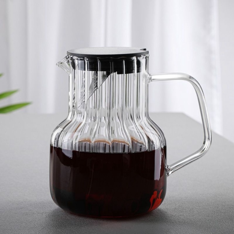 Bình Pha Cà Phê, Pha Trà Kèm Phễu Lọc V60 Đế Gỗ Tròn, Thủy Tinh Borosilicate Cao Cấp Chịu Nhiệt Vân Sọc 1000ML