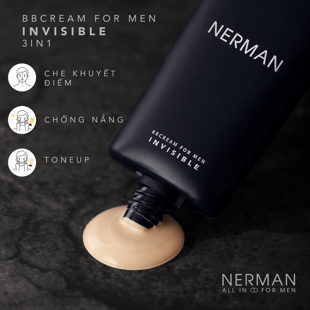 Combo tỏa sáng Nerman - Kem che khuyết điểm, chống nắng Invisible 50g & Son dưỡng ẩm, ngừa thâm Men in Black cho nam 4g