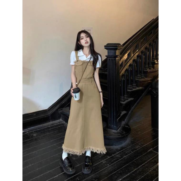 Yếm Váy Denim Tua Rua Kiểu Dáng Basic Thời Trang Nữ