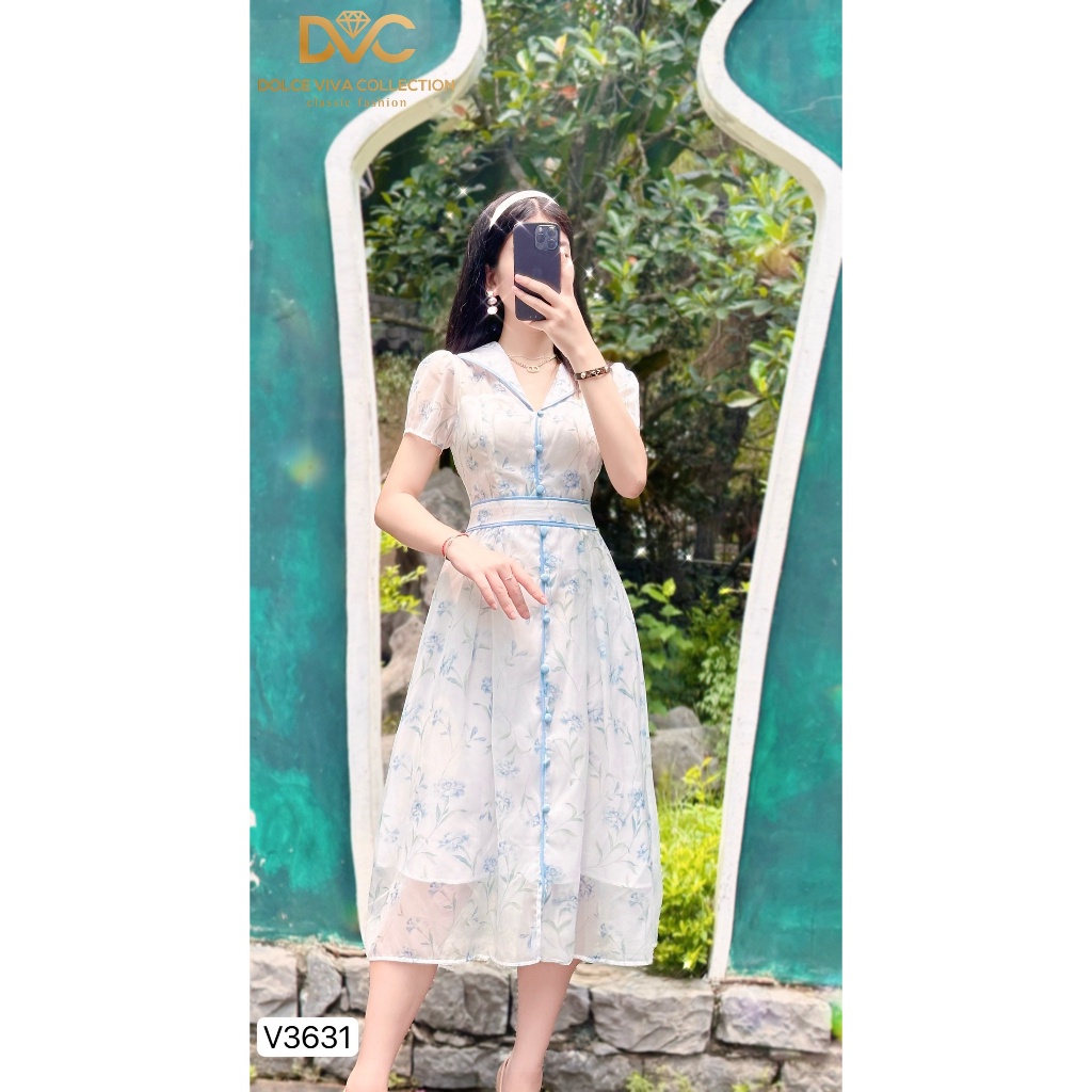 (sẵn hàng+hàng chính hãng ) Váy hoa xanh cổ bẻ chất tơ óng V3631 - DVC AS STORE