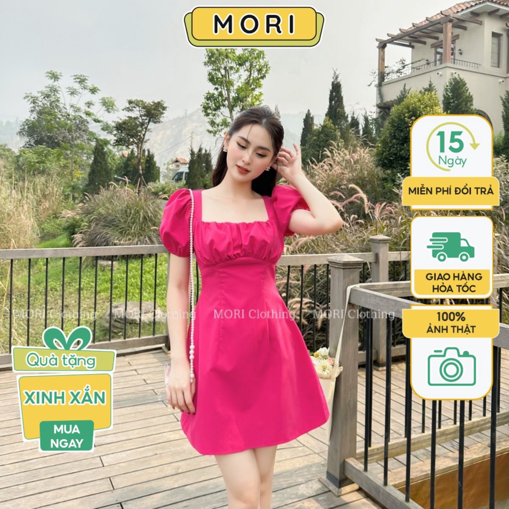 Đầm váy cổ vuông nữ hồng tay bồng chiết eo tiểu thư đi làm, đi tiệc, đi biển thời trang nữ Mori Clothing V1017