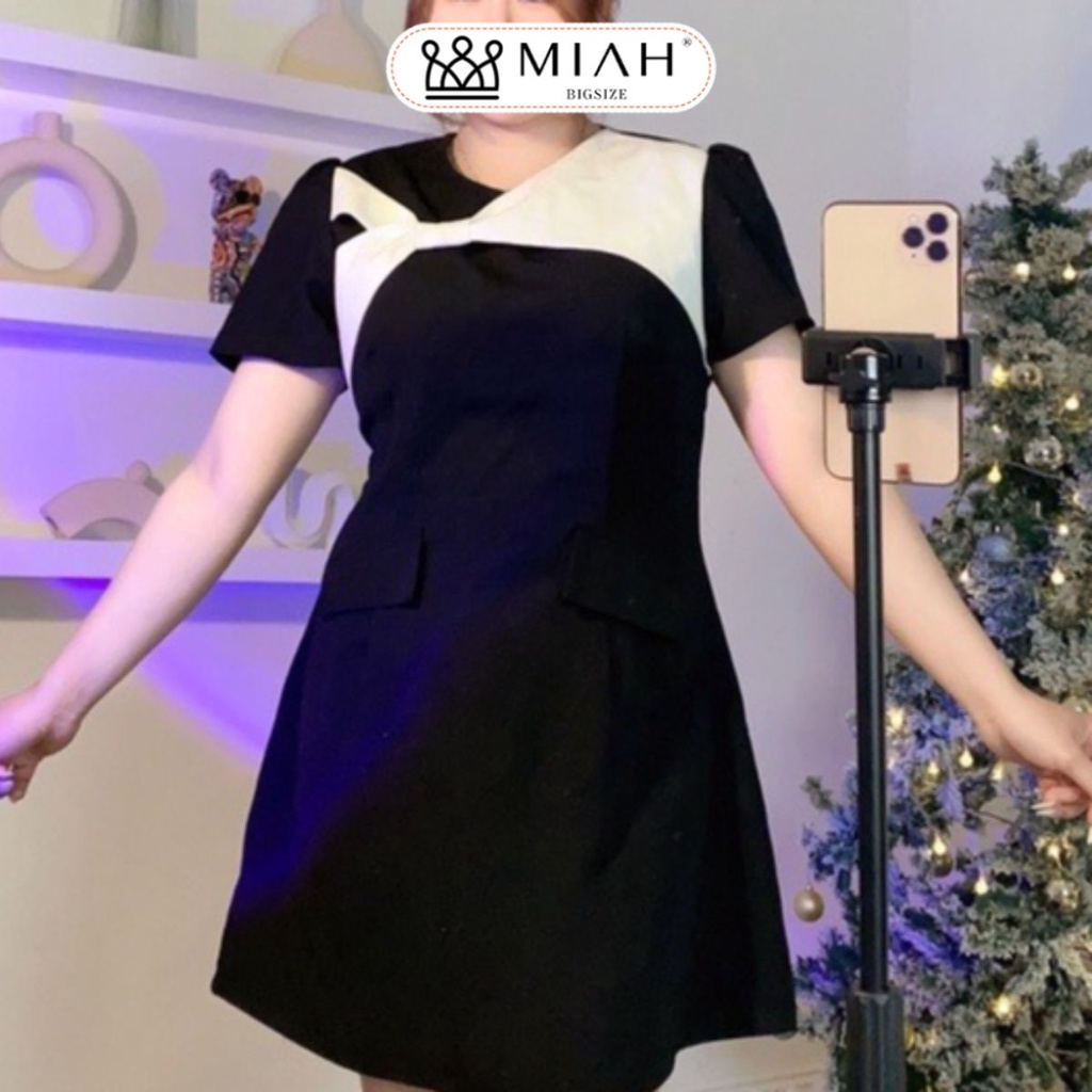Đầm bigsize nữ thiết kế Helen MIAH BIGSIZE DA0023 chất tuyết mưa dáng xòe chữ A phối nơ trắng đi dạo đi chơi