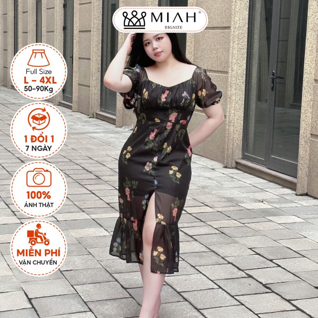 Đầm bigsize nữ thiết kế Kalie in hoa vải voan nhật mát mẻ đuôi cá cổ vuông tay ngắn đi biển đi chơi MIAH BIGSIZE DA0056
