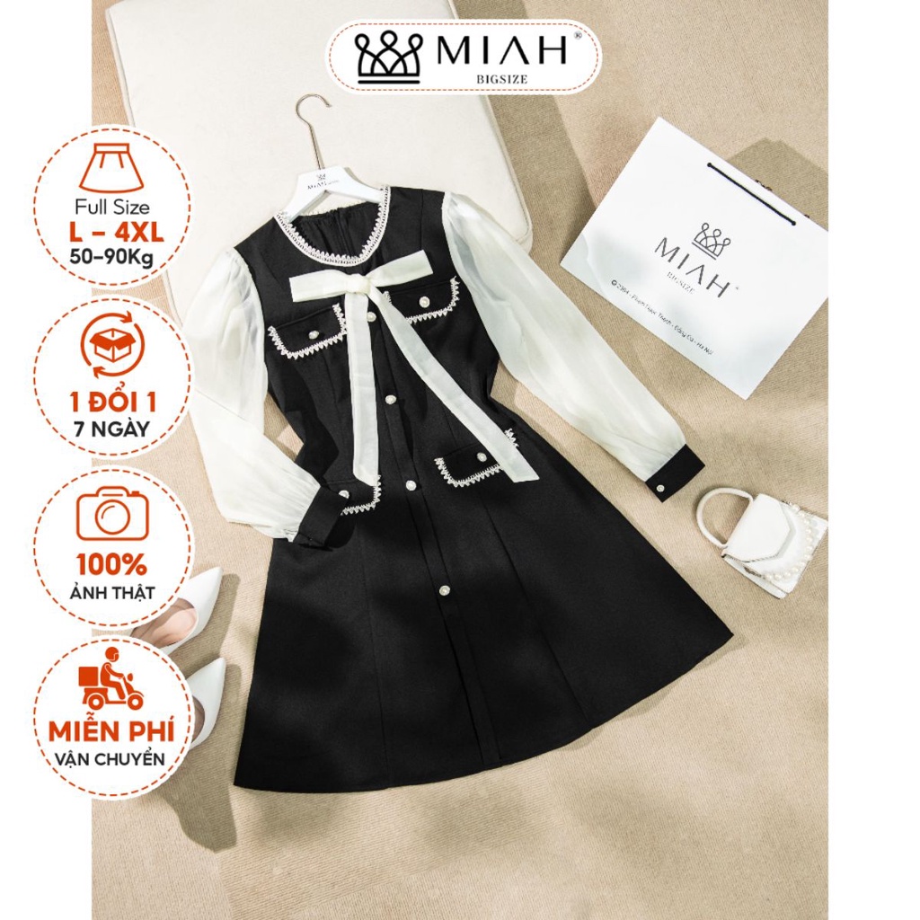 Đầm bigsize nữ dài tay váy thiết kế khuy túi phối cổ nơ cực sang trọng đi làm đi chơi sang chảnh MIAH BIGSIZE DA0033
