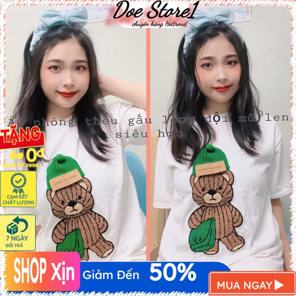 Áo phông quảng châu xịn thêu gấu đội mũ len nổi 100% có video thật