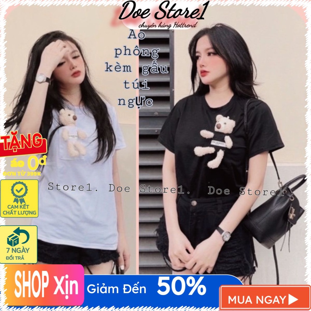 Áo phông nữ kèm gấu bông xinh xắn, áo thun gấu teddy túi ngực hàng Qc loại 1 video cận chất