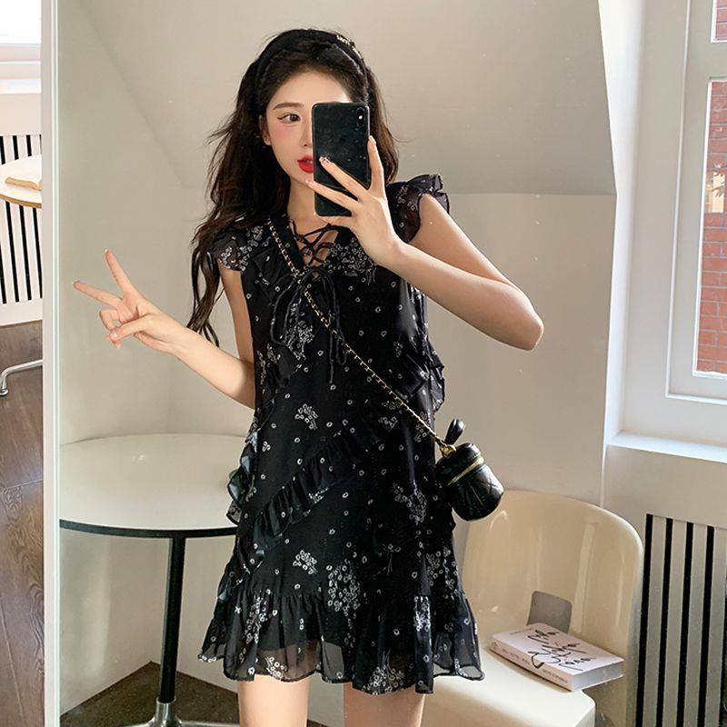 Guoliusmall Đầm Hoa Tay Bay Màu Đen Thời Trang Cho Nữ