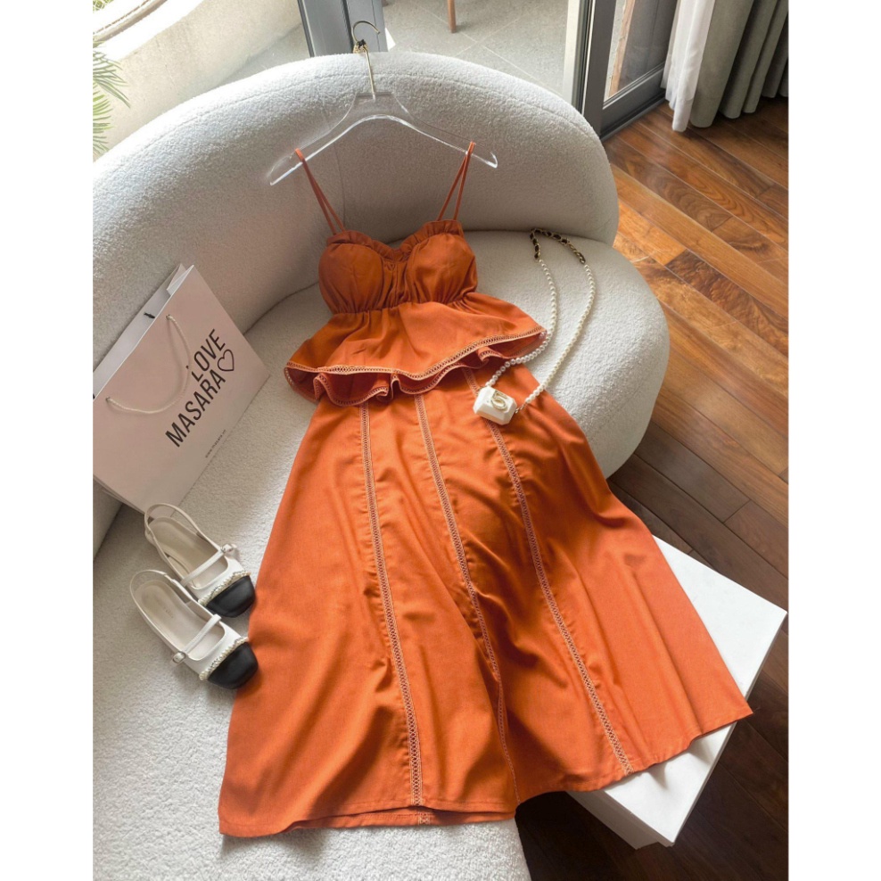 Sét Áo Hai Dây Bo Chun Kèm Chân Váy Dài Xoè Trơn Màu Basic LT006 (HỎA TÔC)