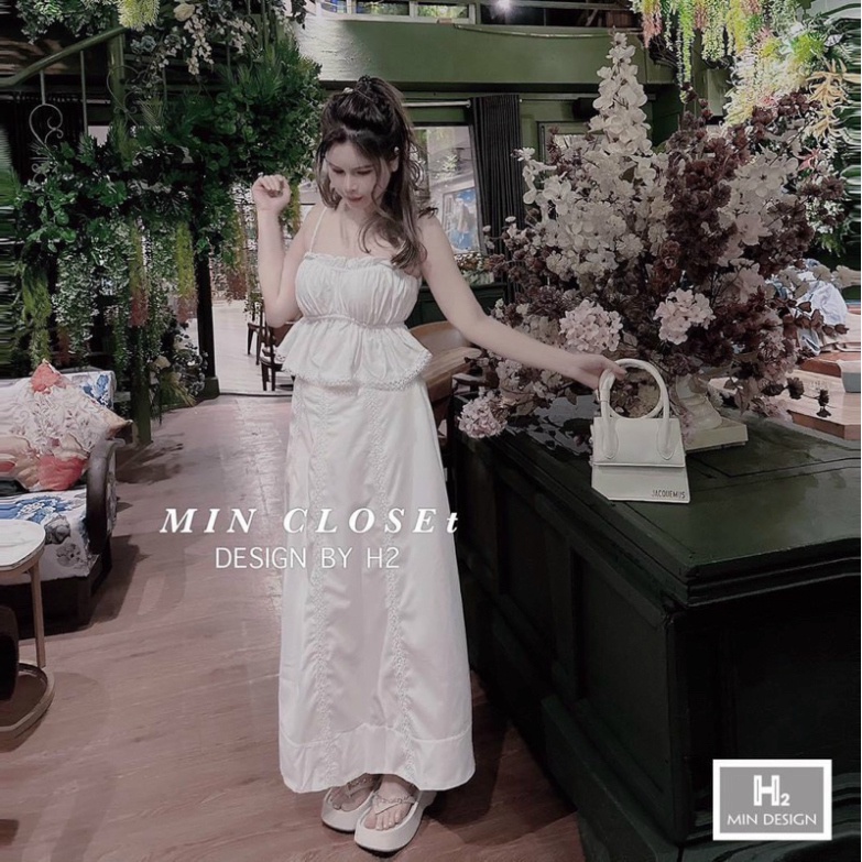 Sét Áo Hai Dây Bo Chun Kèm Chân Váy Dài Xoè Trơn Màu Basic LT006 (HỎA TÔC)