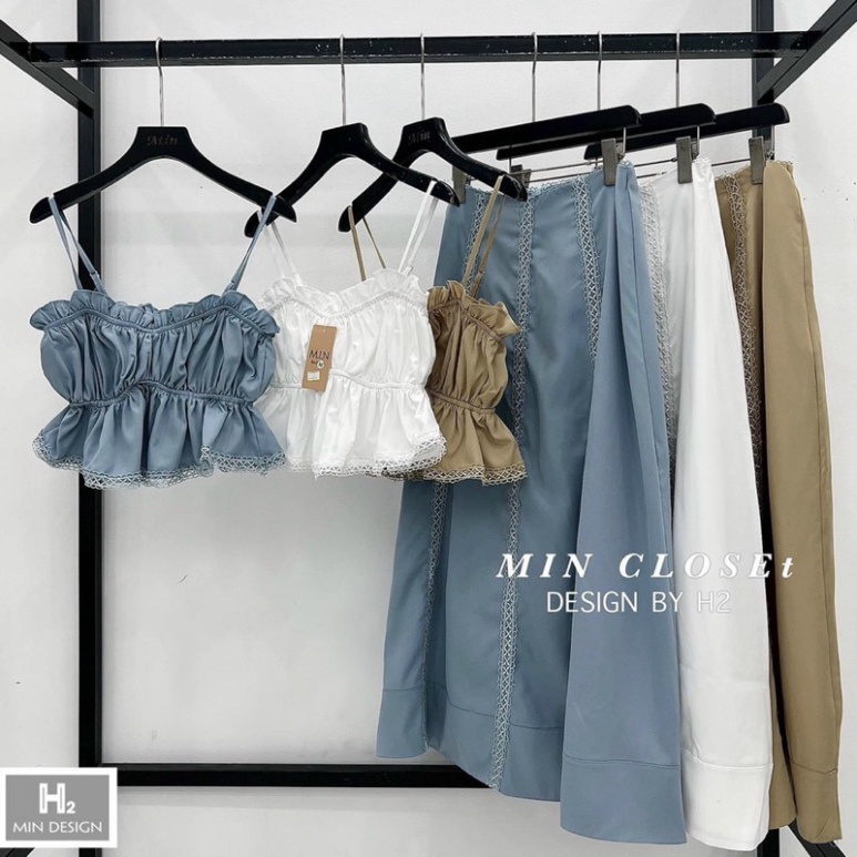 Sét Áo Hai Dây Bo Chun Kèm Chân Váy Dài Xoè Trơn Màu Basic LT006 (HỎA TÔC)