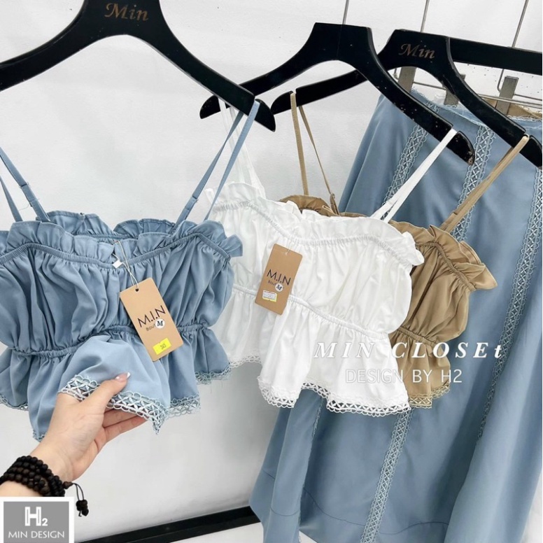 Sét Áo Hai Dây Bo Chun Kèm Chân Váy Dài Xoè Trơn Màu Basic LT006 (HỎA TÔC)