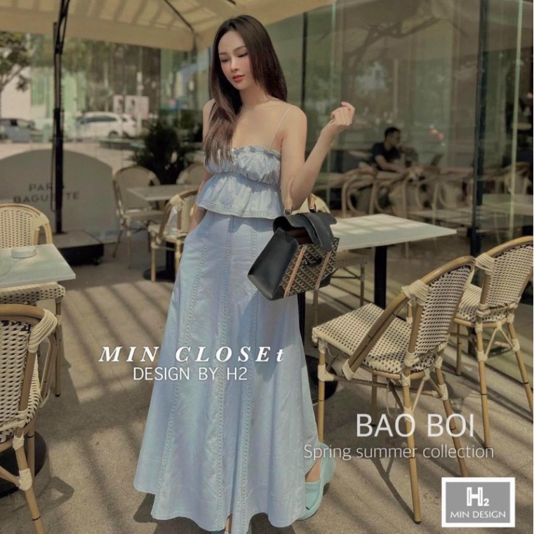 Sét Áo Hai Dây Bo Chun Kèm Chân Váy Dài Xoè Trơn Màu Basic LT006 (HỎA TÔC)