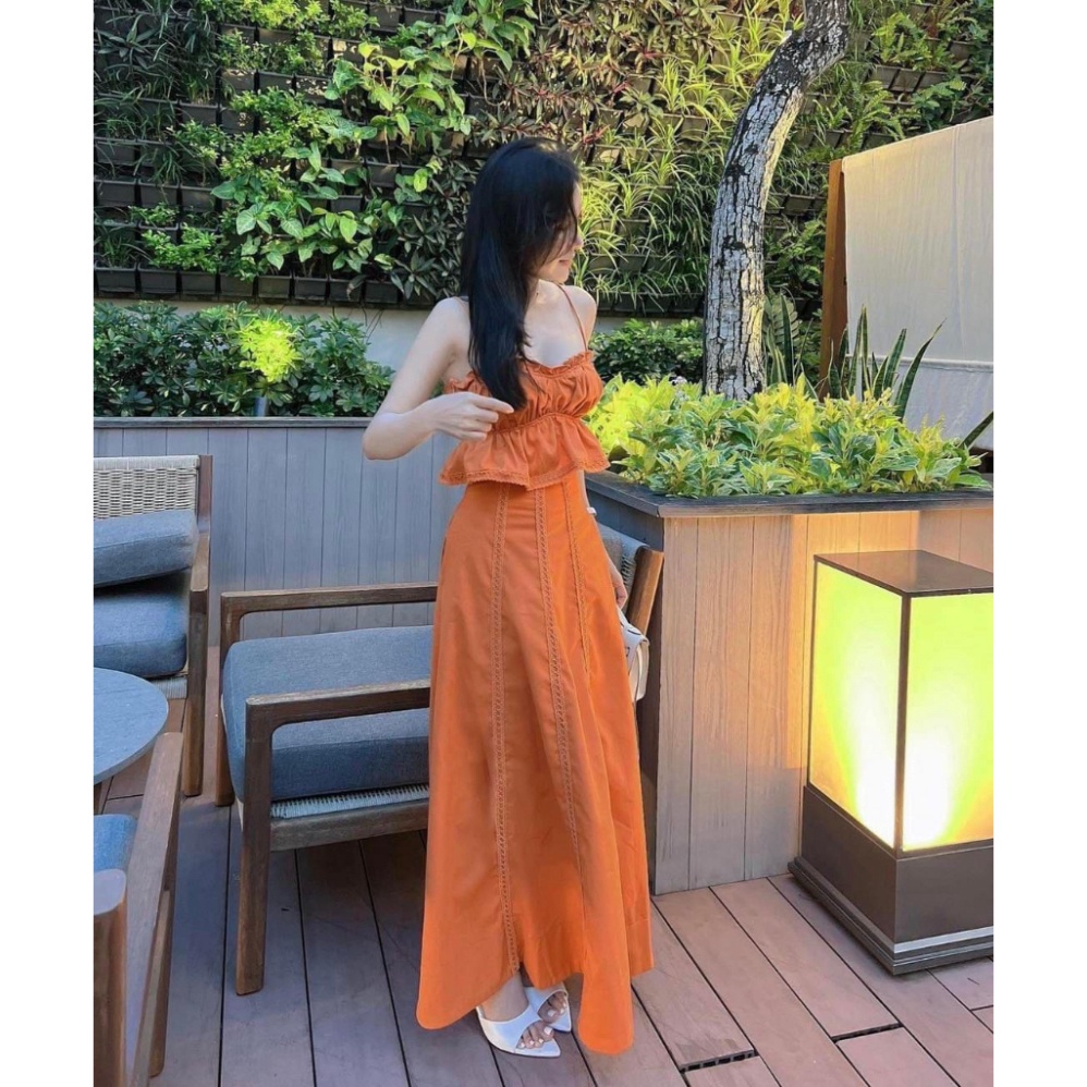 Sét Áo Hai Dây Bo Chun Kèm Chân Váy Dài Xoè Trơn Màu Basic LT006 (HỎA TÔC)