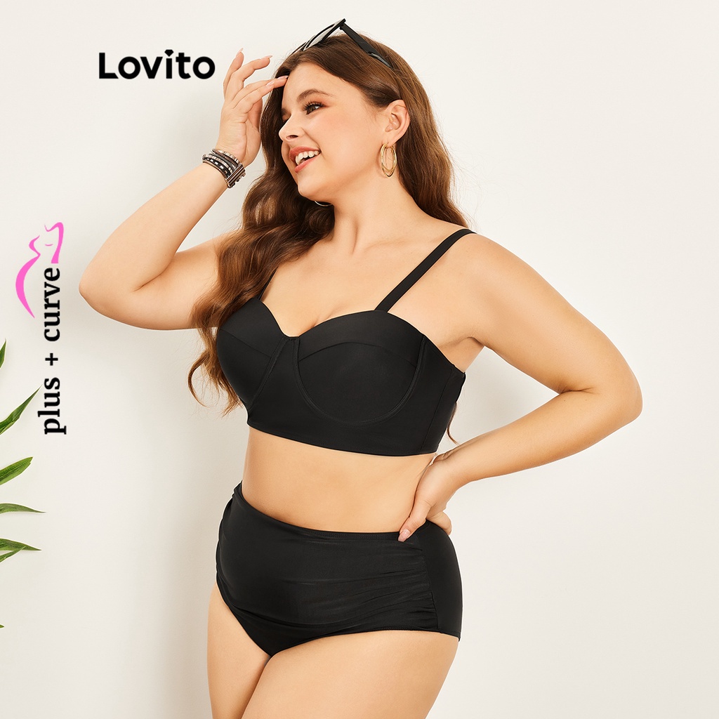 Bộ Đồ Bơi Bikini Cổ Chữ V Màu Đen Trơn Cỡ Lớn Thời Trang Cho Nữ LPS07064