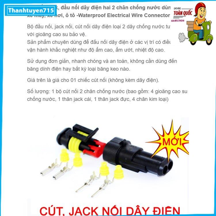 Cút nối, jack, đầu nối dây điện hai 2 chân chống nước dùng cho xe máy, xe hơi, ô tô