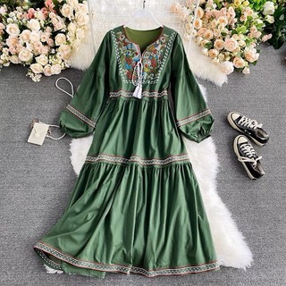 Váy đầm maxi thổ cẩm thêu hoa cổ tròn thắt nơ tay phồng dáng xoè suông babydoll du lịch biển tây bắc miền núi