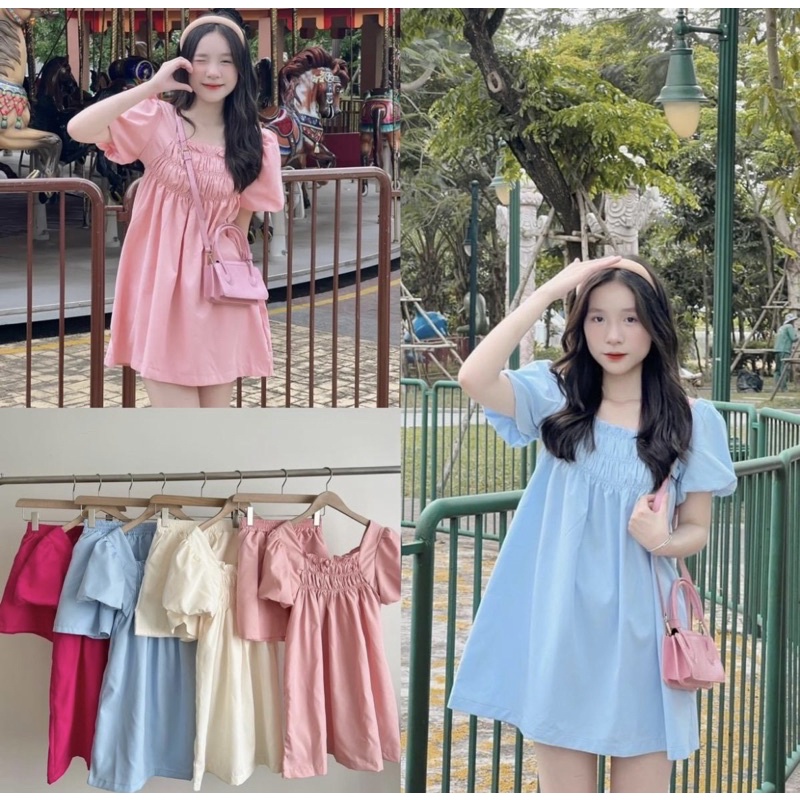 S22 Set áo babydoll tay bồng chun ngực dáng giấu quần kèm quần sooc