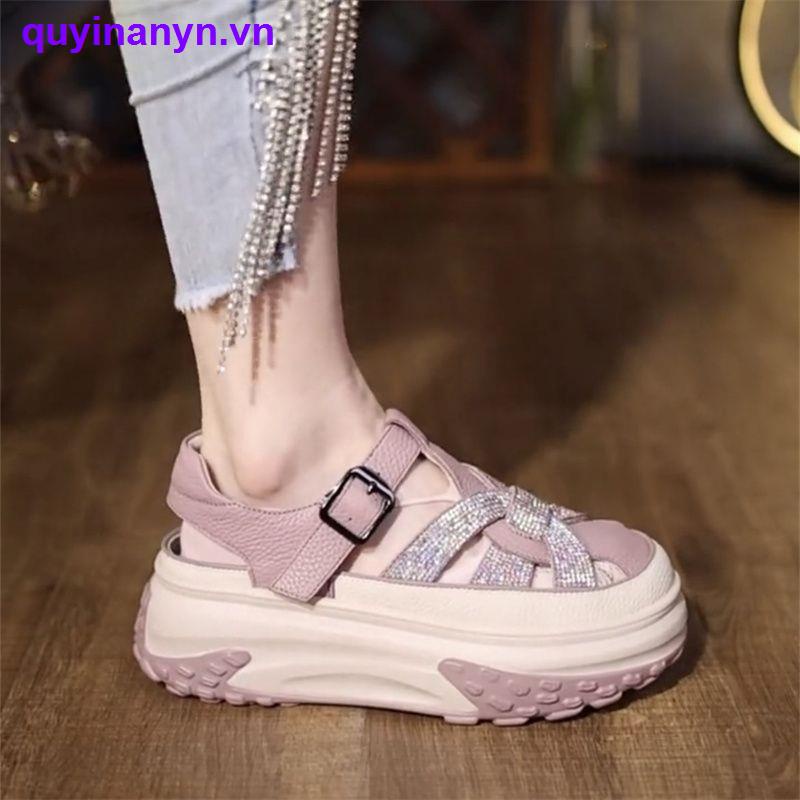 Hàng Mới Về Mới Xăng đan Da Đế Dày Đính Đá Thời Trang Mùa Hè Cho Nữ