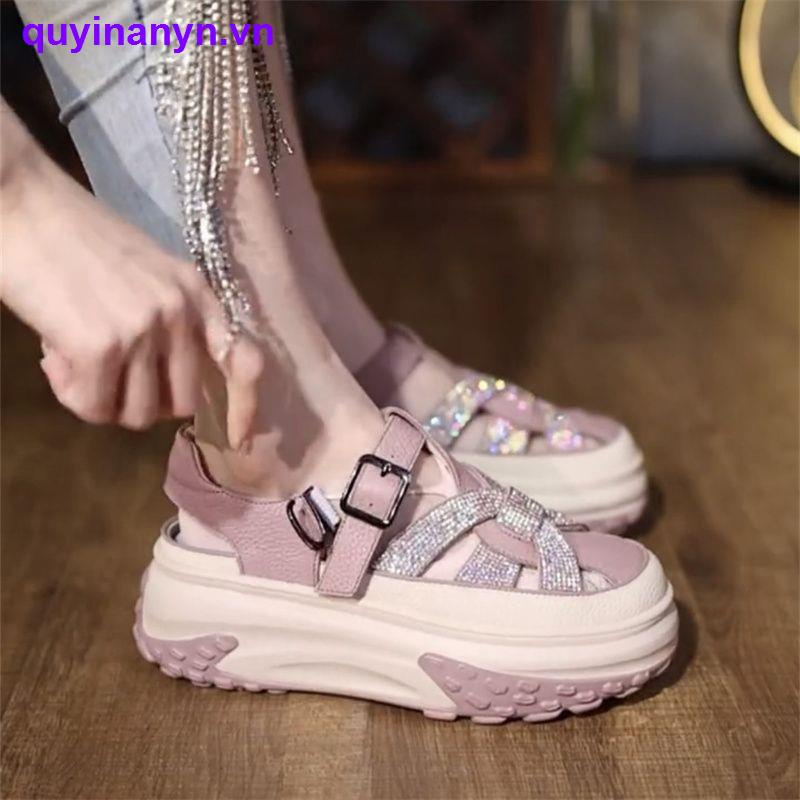 Hàng Mới Về Mới Xăng đan Da Đế Dày Đính Đá Thời Trang Mùa Hè Cho Nữ