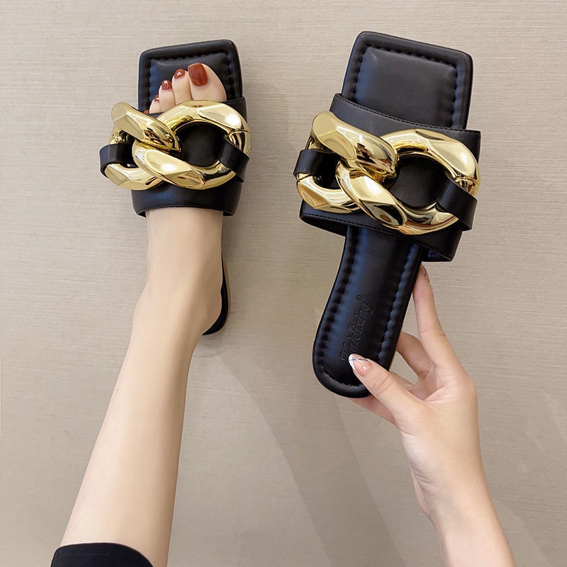 Dép Sandal Mũi Vuông Đế Bằng Phối Dây Xích Kim Loại Chống Trượt Thời Trang Mùa Hè Cho Nữ