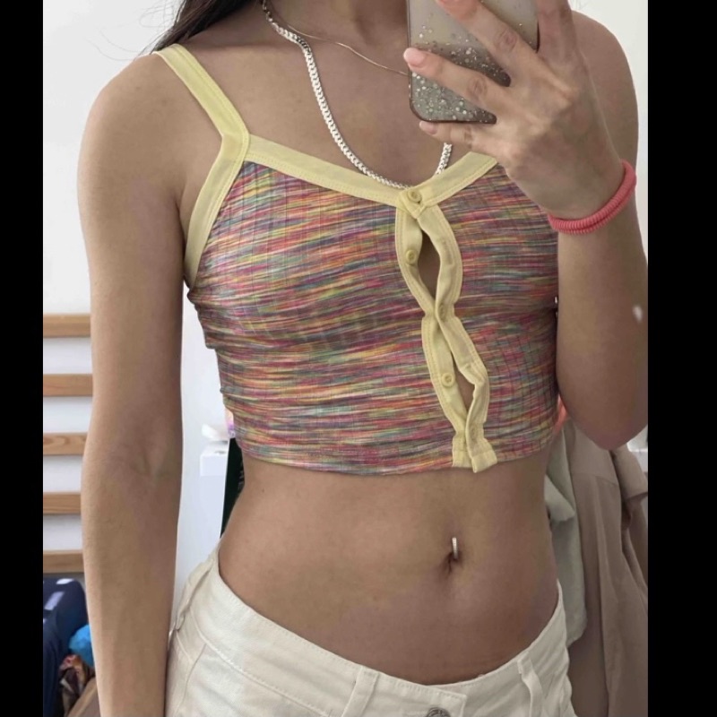Áo croptop 2 dây dệt kim ôm hoạ tiết kẻ sọc nhiều màu sắc phong cách thời trang nữ trendy