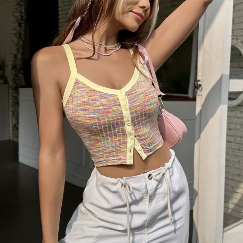 Áo croptop 2 dây dệt kim ôm hoạ tiết kẻ sọc nhiều màu sắc phong cách thời trang nữ trendy