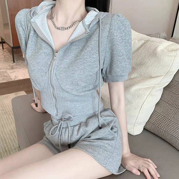 Bộ Đồ Thể Thao Hai Mảnh Áo Cardigan Ngắn Có Mũ Trùm Và Quần Ngắn Thời Trang Mùa Hè Cho Nữ