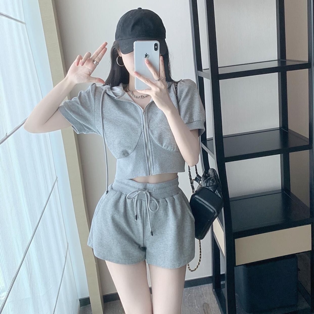 Bộ Đồ Thể Thao Hai Mảnh Áo Cardigan Ngắn Có Mũ Trùm Và Quần Ngắn Thời Trang Mùa Hè Cho Nữ