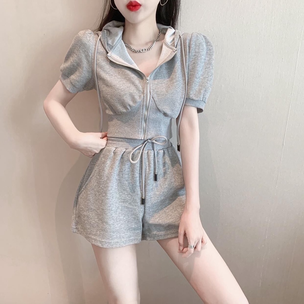 Bộ Đồ Thể Thao Hai Mảnh Áo Cardigan Ngắn Có Mũ Trùm Và Quần Ngắn Thời Trang Mùa Hè Cho Nữ