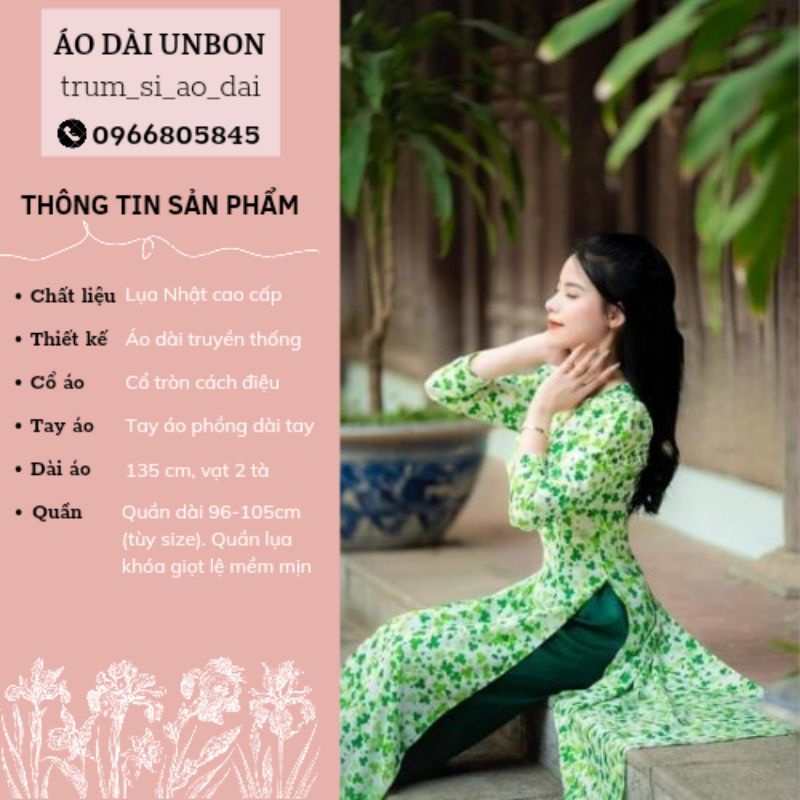 Áo dài hoa nhí, áo dài nữ may sẵn chất vải lụa in 6d sắc nét, áo dài cách tân xanh cổ tròn tay phồng lên form trẻ trung