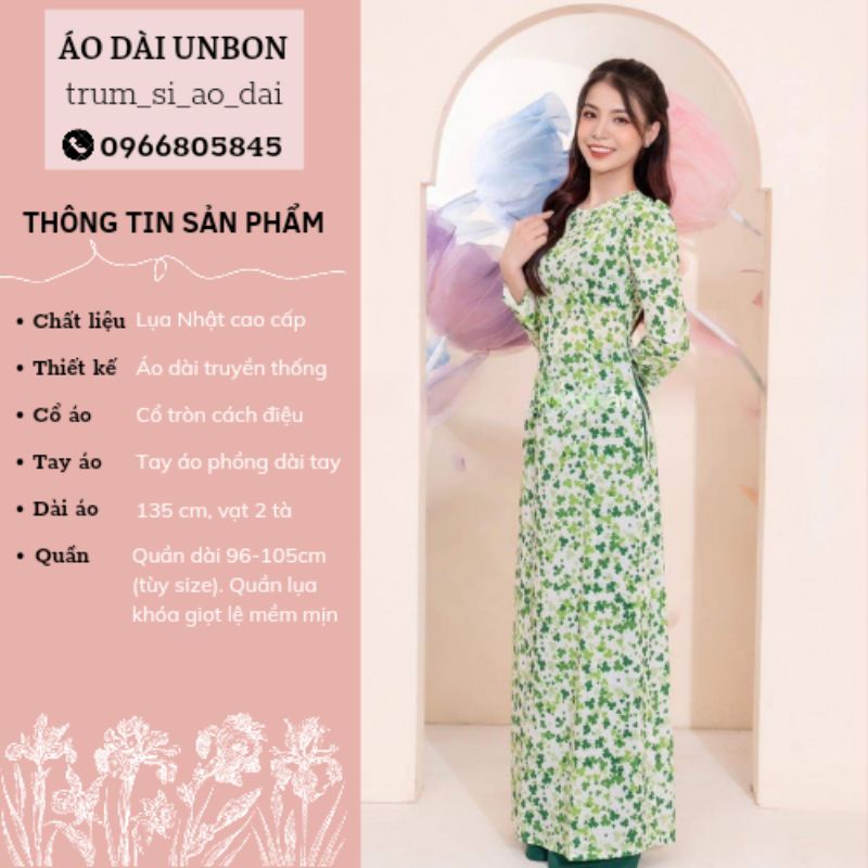 Áo dài hoa nhí, áo dài nữ may sẵn chất vải lụa in 6d sắc nét, áo dài cách tân xanh cổ tròn tay phồng lên form trẻ trung