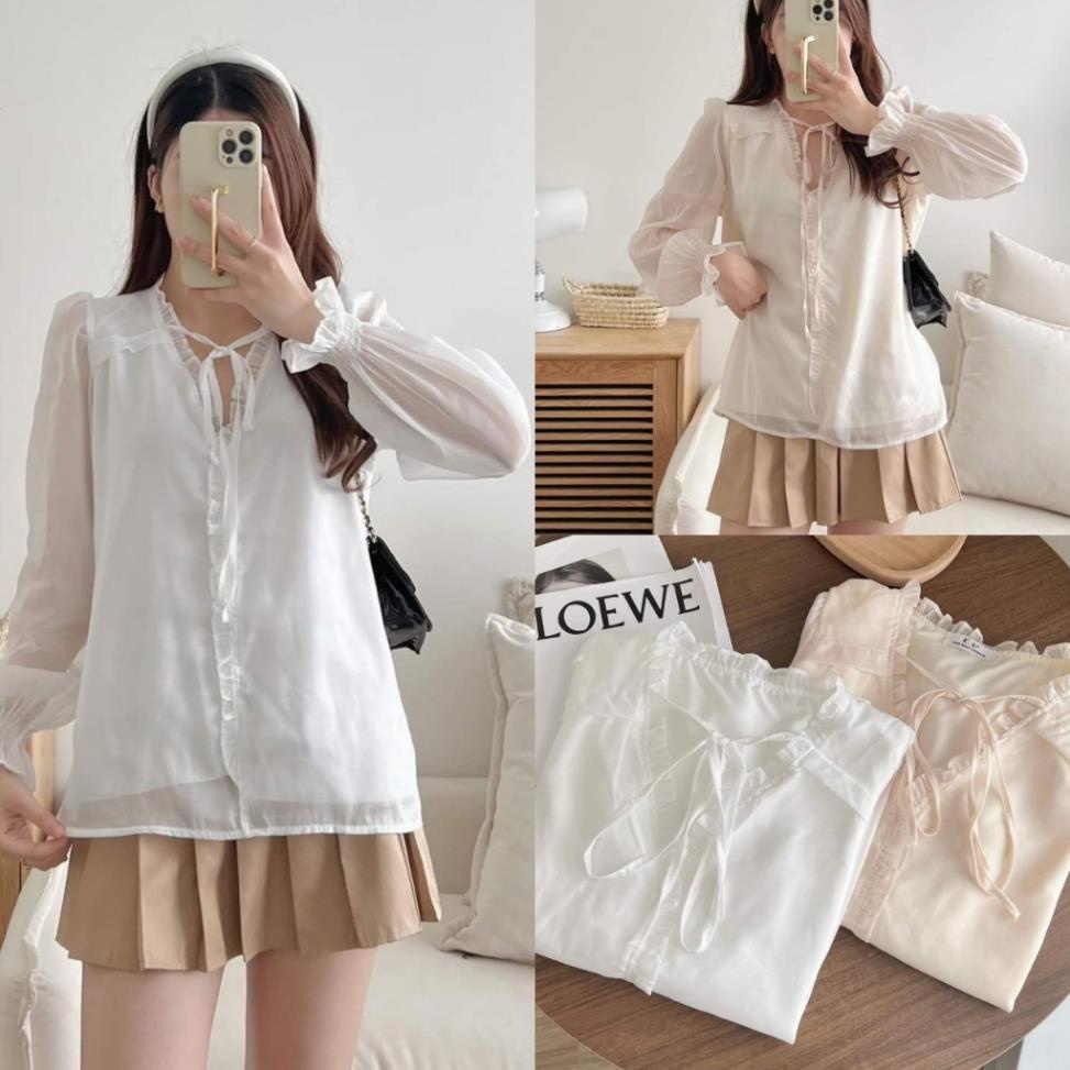 Áo sơ mi voan viền bèo cổ V thắt nơ tay dài bo chun 2 lớp (Không lộ bra)
