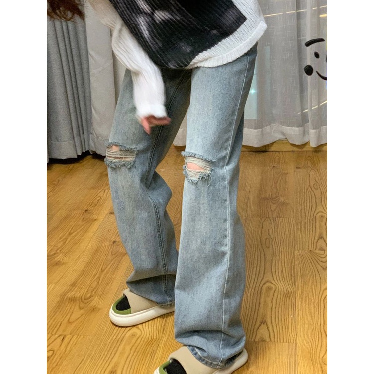 Jiashucheng Quần Jean Rách Ống Rộng Lưng Cao Thời Trang Mùa Hè Mới Cho Nữ