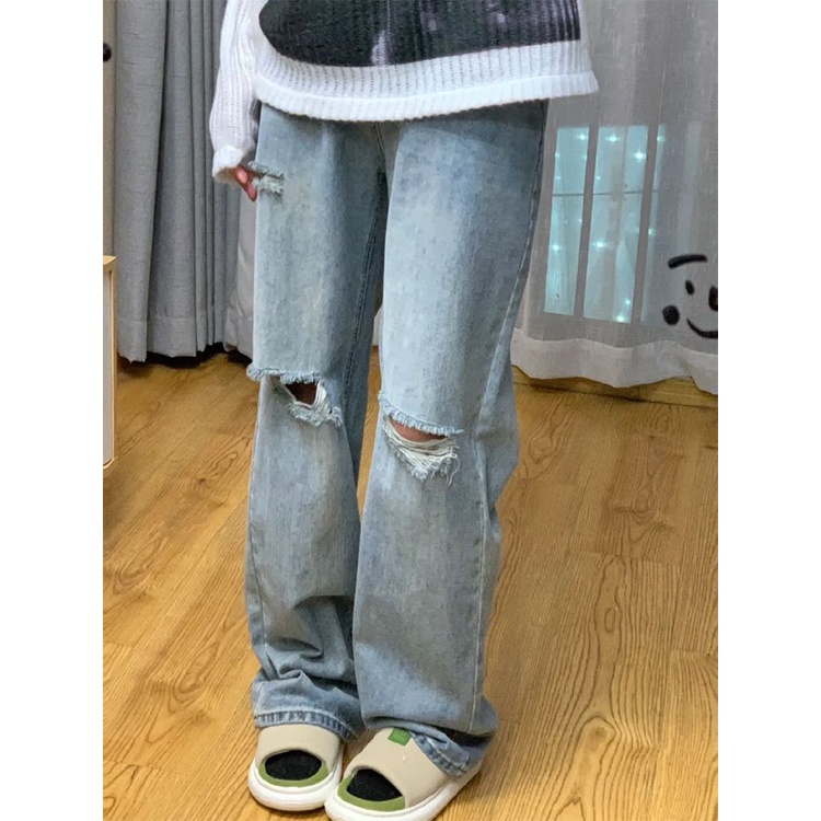Jiashucheng Quần Jean Rách Ống Rộng Lưng Cao Thời Trang Mùa Hè Mới Cho Nữ