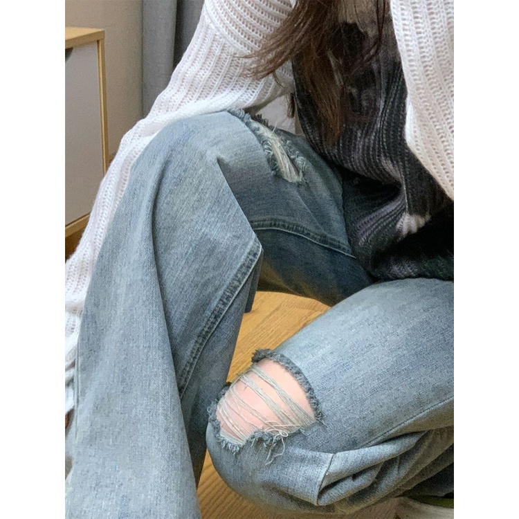 Jiashucheng Quần Jean Rách Ống Rộng Lưng Cao Thời Trang Mùa Hè Mới Cho Nữ