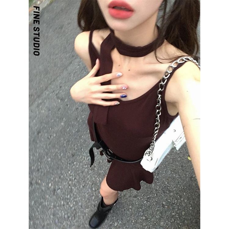 Fine Studio Đầm Ngắn Hai Dây Dáng Ôm Eo Hẹp Kiểu Retro Mùa Hè Dành Cho Bạn Nữ