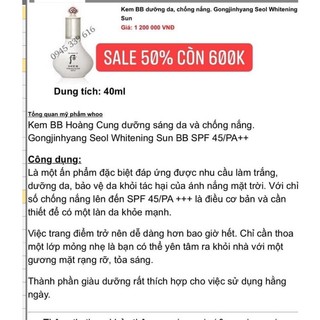 Kem Nền Whitening Sun BB (SPF 45/PA+++)
