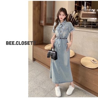 Đầm jeans dáng dài tay ngắn màu nhạt
