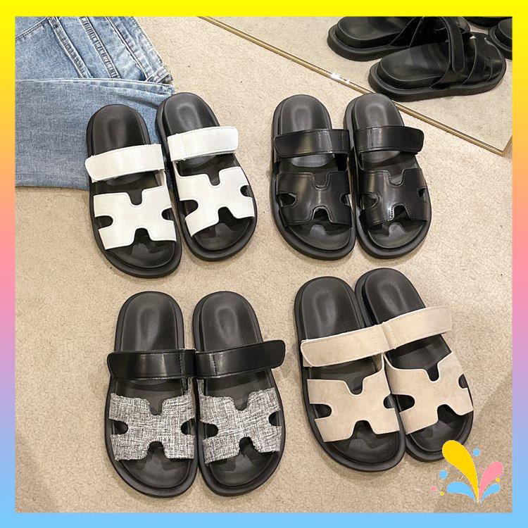 Dép Da PU Đế Bằng Quai Dán Phong Cách Roman