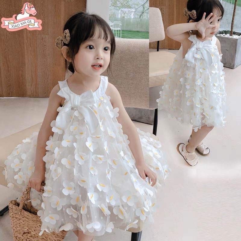 Đầm Không Tay Thêu Hình Bướm Phối Lưới Phong Cách Công Chúa Thời Trang Hè Cho Bé Gái