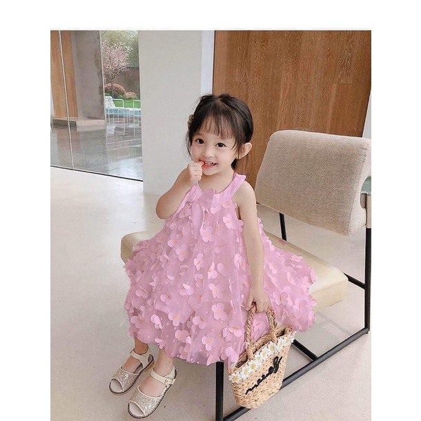 Đầm Không Tay Thêu Hình Bướm Phối Lưới Phong Cách Công Chúa Thời Trang Hè Cho Bé Gái