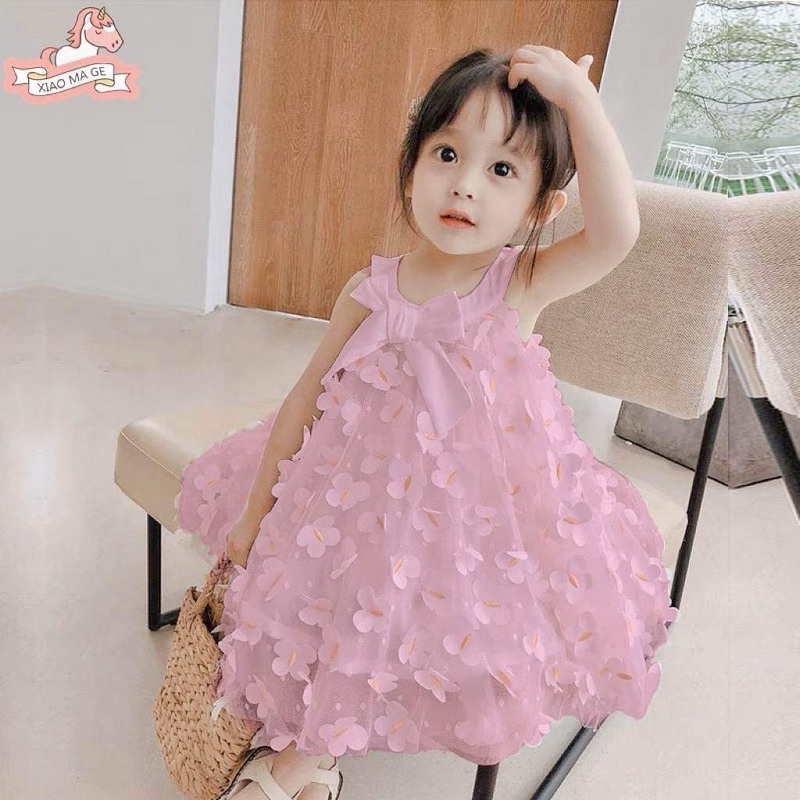Đầm Không Tay Thêu Hình Bướm Phối Lưới Phong Cách Công Chúa Thời Trang Hè Cho Bé Gái