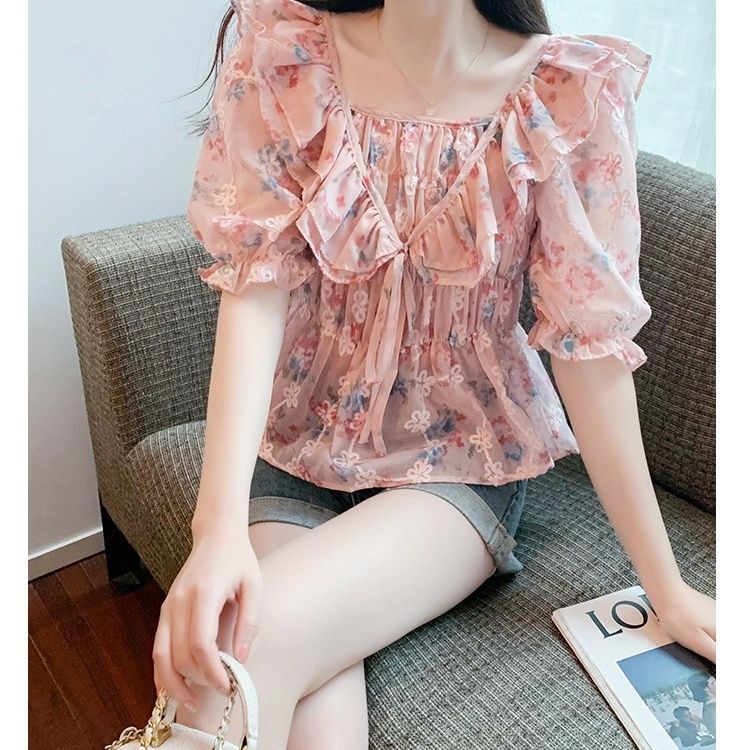 Áo Chiffon Cổ Vuông Tay Ngắn Phối Bèo Thời Trang Mùa Hè Pháp Hàng Mới 2023