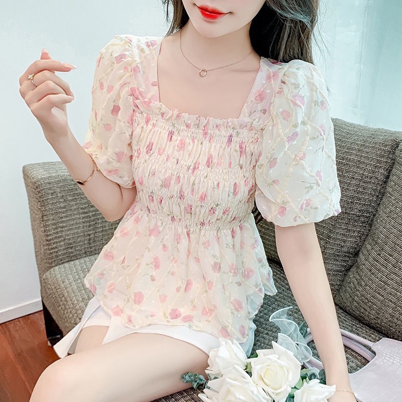 Áo Sơ Mi Chiffon Tay Ngắn Phồng Ôm Eo Thời Trang Dành Cho Nữ