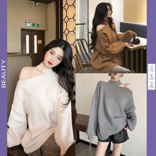 Áo len khoét vai áo khoét vai tay dài form rộng cá tính trơn trắng dễ thương siêu xinh