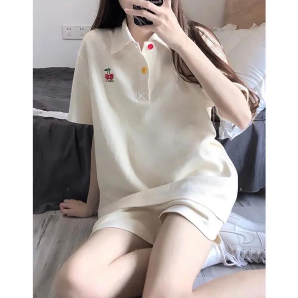Bộ thun có cổ, họa tiết trái cherry đi học, đi chơi thời trang dễ thương mùa hè AO10
