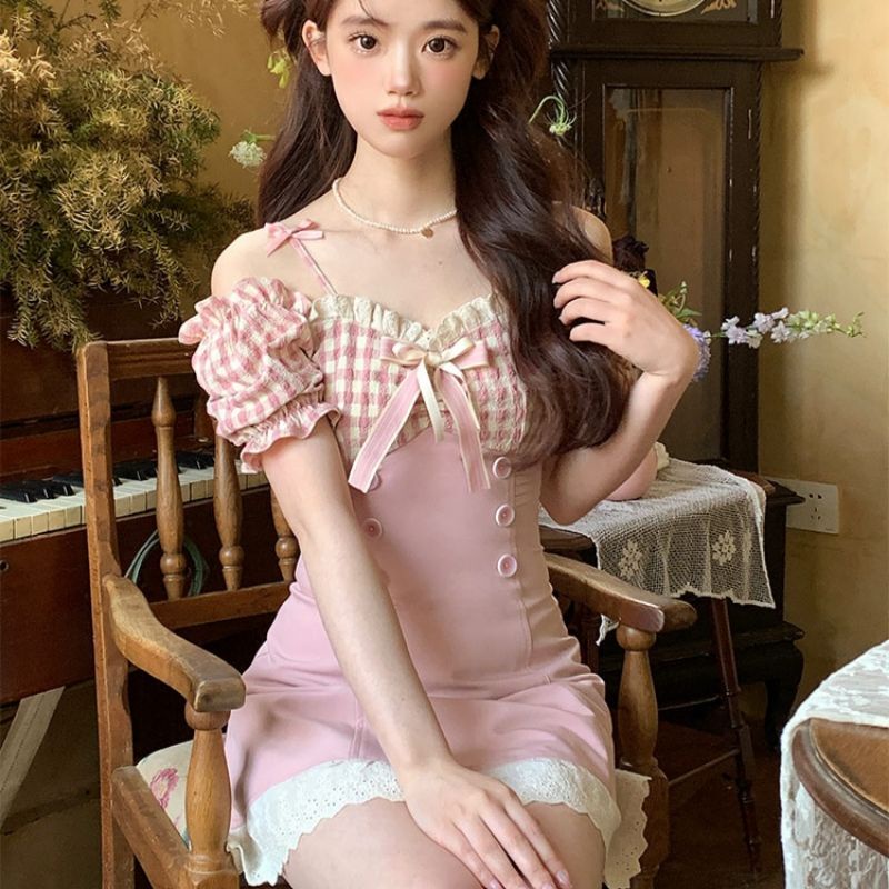 Váy đầm phối yếm corset phối caro trễ vai