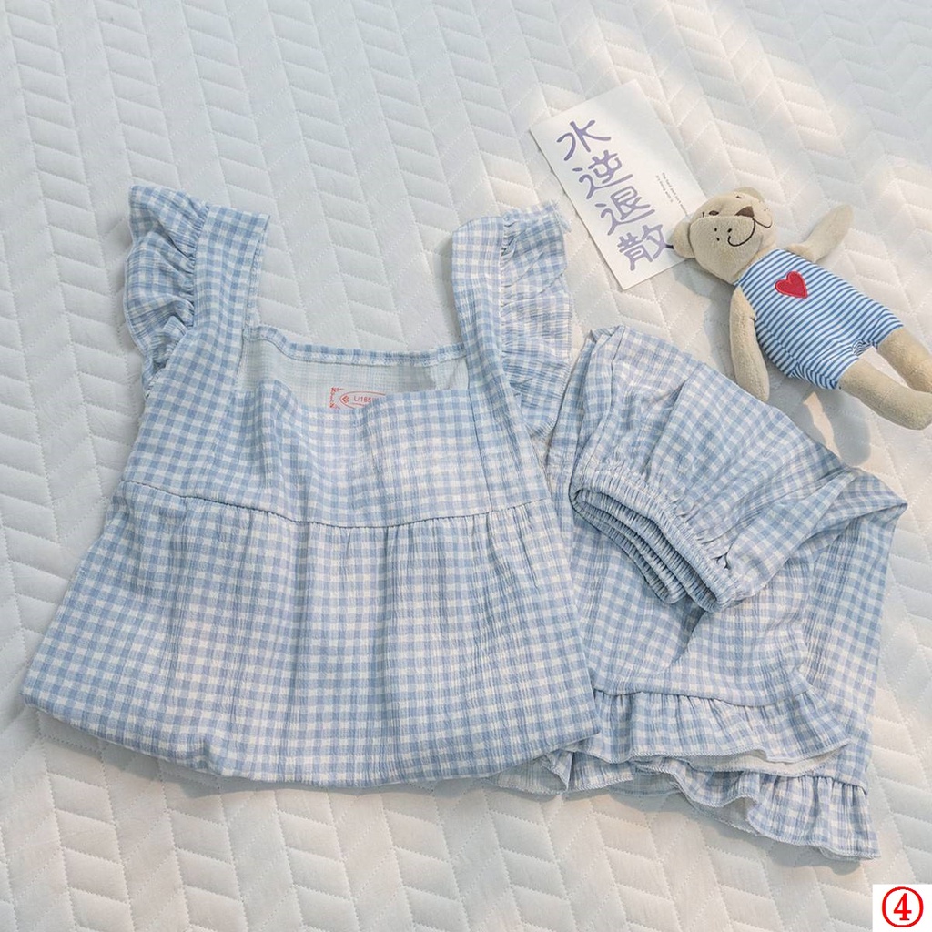 Bộ Đồ Ngủ Cotton Hai Dây Họa Tiết Caro Màu Xanh Dương Phong Cách Hàn Quốc Ngọt Ngào Thời Trang Mùa Hè Hàng Mới Dành Cho Bạn Nữ Gấu dâu